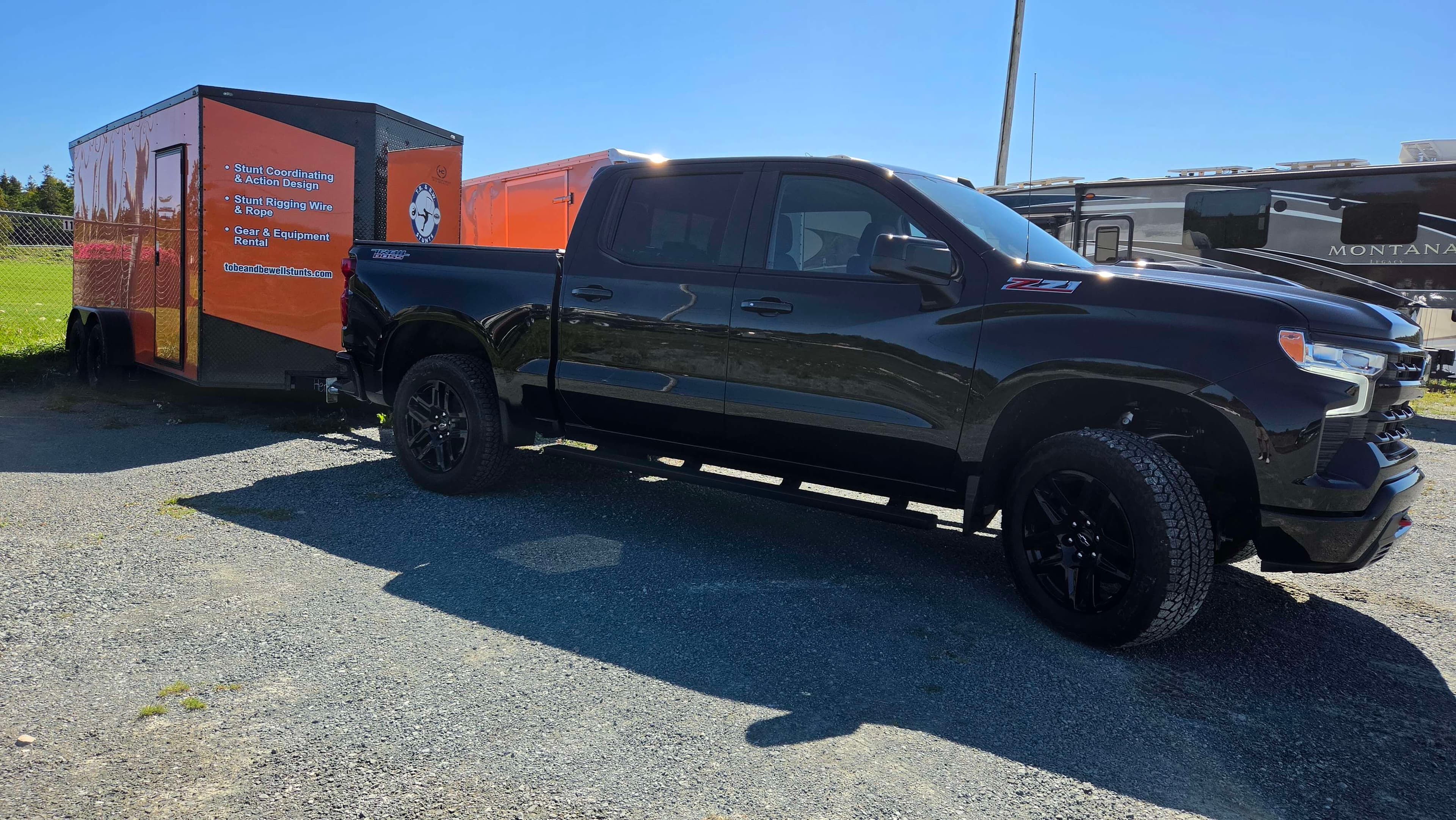 T.B. & B.W. Stunts truck and equipment trailer loaded for a Nova Scotia shoot